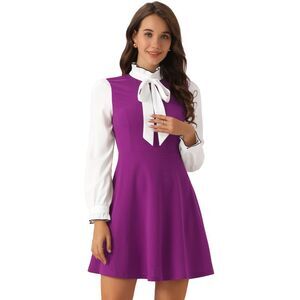 Contrast Color for Vintage Long Sleeve Tie Neck Dress Purple